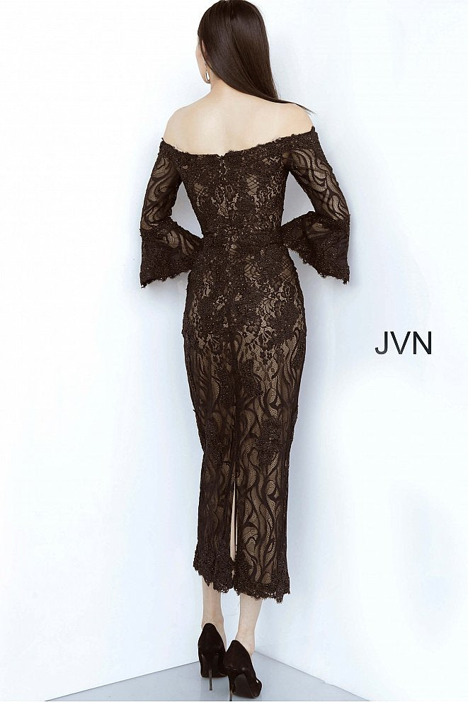 JVN2241 Off the shoulder three quarter length bell sleeves all over lace fitted tea length cocktail dress evening gown with slit in the back