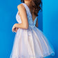 Jovani JVN22516  This JVN by Jovani lavender short dress features an A line silhouette in tulle over glitter net, with a plunging neckline, low V-back, and wired hem. Sequin lace appliques stretch over the ruched bodice and skirt.   Colors:  Lavender, Light Pink