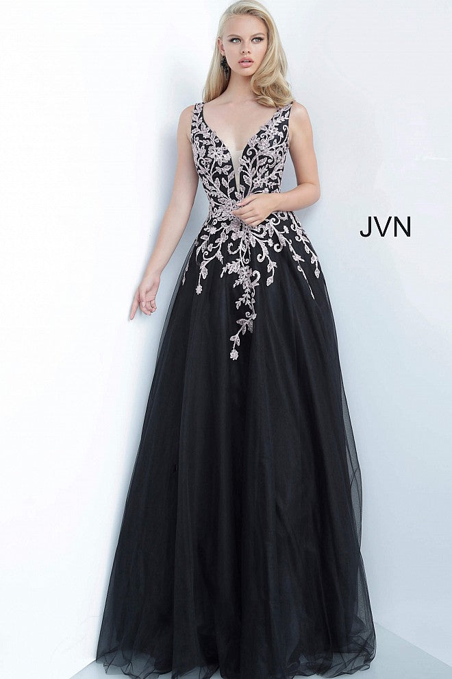 JVN by Jovani 2302 Black and Gold Plunging Neckline Embroidered Floral Tulle Ball Gown Prom Dress Evening gown  
