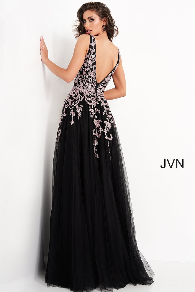 Jovani JVN2302 Size 8 Black/Rose Floral V neck A Line Ballgown Prom Dress Formal