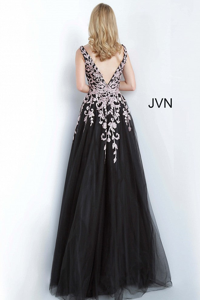 Jovani JVN2302 Size 8 Black/Rose Floral V neck A Line Ballgown Prom Dress Formal