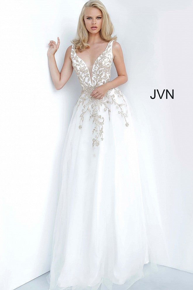 JVN by Jovani 2302 White and Gold Plunging Neckline Embroidered Floral Tulle Ball Gown Prom Dress Evening gown  