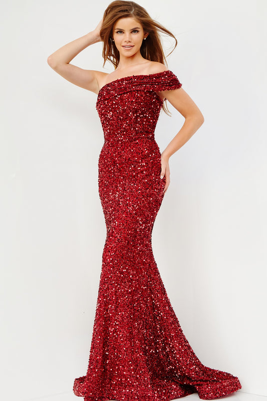 JVN23116 by Jovani features an alluring one-shoulder silhouette, a shimmering sequin exterior and an elegant sweeping train - making it the perfect dress for a prom, pageant or evening event.
