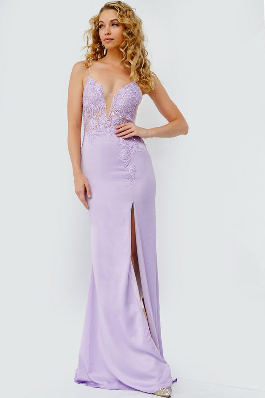 JVN23124 by Jovani Fitted elegant prom dress, floor length stretch satin skirt with high slit and train, lace godet panel in the back, illusion floral embroidered bodice, sleeveless, spaghetti straps over shoulders, plunging neckline with sheer mesh insert, sheer sides, open V back.