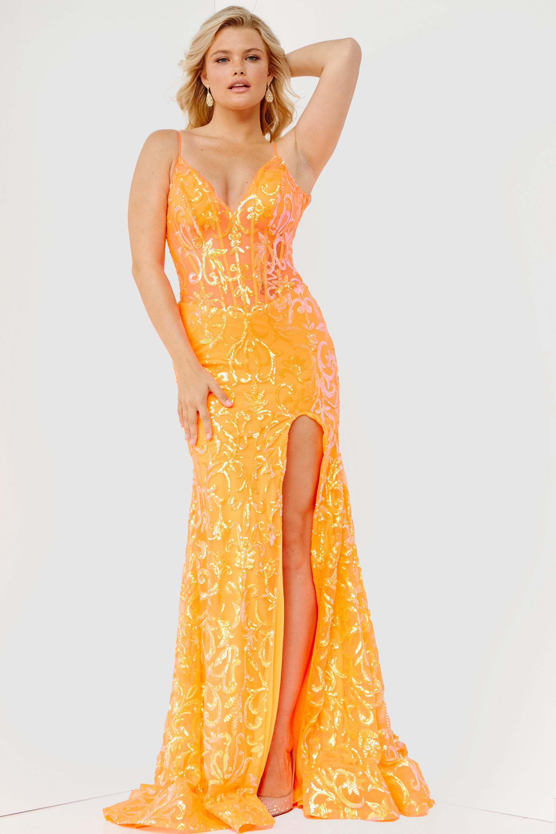 JVN23216 Iridescent Sequins Prom Dress V Neckline Sheer Fit and Flare Slit front 2