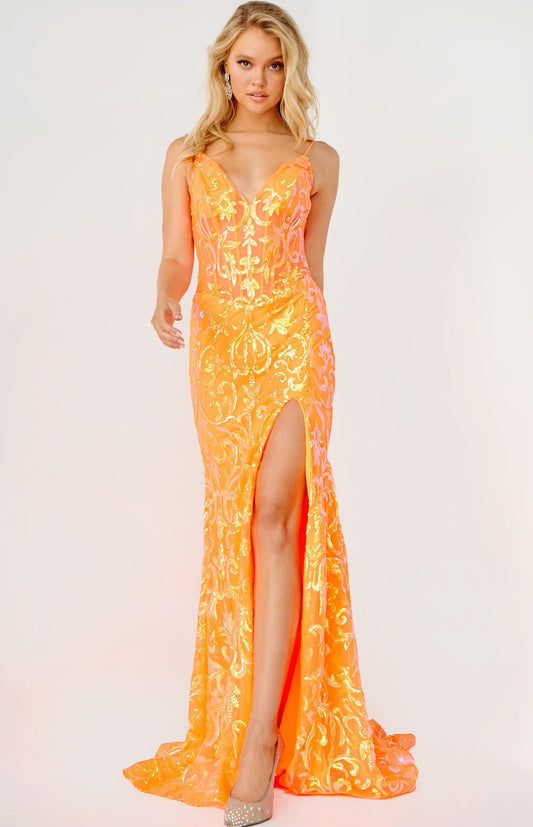JVN23216 Iridescent Sequins Prom Dress V Neckline Sheer Fit and Flare Slit front neon orange