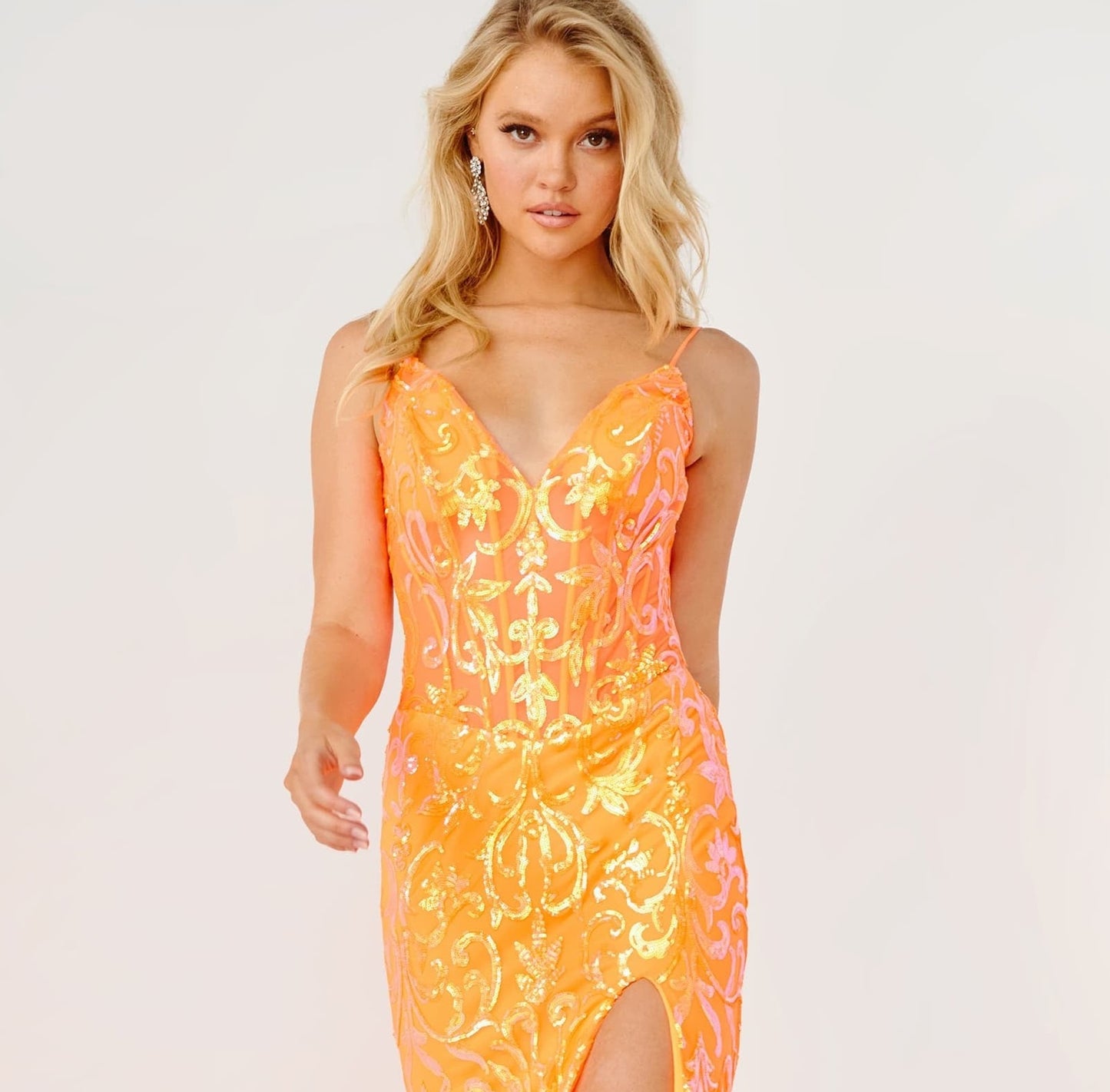 JVN23216 Iridescent Sequins Prom Dress V Neckline Sheer Fit and Flare Slit front 3 neon orange