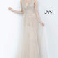 JVN2343 Embellished Prom Dress with a plunging neckline. Fitted gown with a stretch shimmer glitter is overlayed with flowing tulle sheer skirt. crystal embellished bodice with Deep v Neckline and embellished waistband. Evening gown mother of the bride groom gown. 