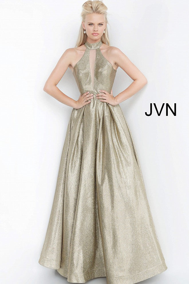 JVN by Jovani 2368 is a Bronze & Silver High Neckline Sleeveless Prom Ballgown with a metallic shimmer Fabric & a plunging neckline