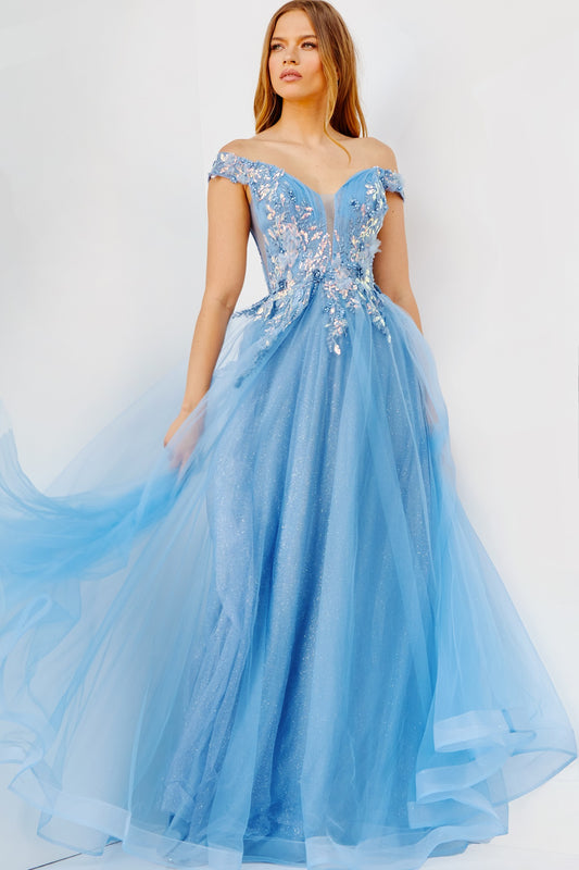 Jovani's JVN23698 Prom Dress provides a regal aesthetic with its glitter underlay and intricate floral accents adorning the fitted bodice and voluminous A line floor-length skirt, guaranteeing you will sparkle.  Colors:  Mauve, Sky Blue