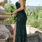 Jovani JVN24002 Prom, Pageant and Formal Evening Gown.  This formal gown has a slim-flare silhouette in allover sequins, with an asymmetrical strapless neckline and a slit.