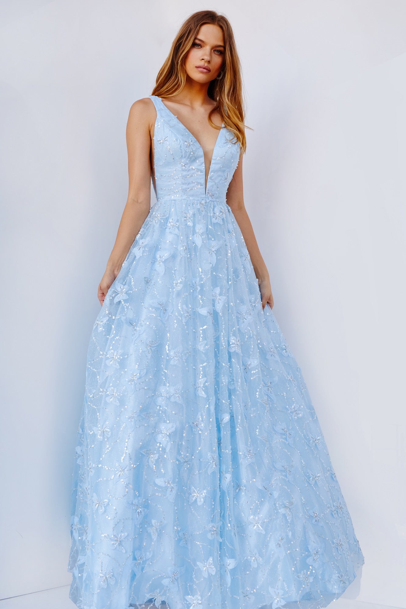 JVN24182 Lace Butterflies Prom Dress A line Plunging V Neckline with Panel Wide Straps and V back