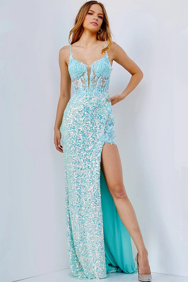 The Jovani JVN24299 Long Fitted High Sheer Lace Slit Sequin Prom Dress Corset Pageant Gown is a timeless formal ensemble, crafted with a luxurious sheer lace material and embedded with beautiful sequin detailing. The fitted corset bodice features a daring side slit for a show-stopping finish. Guaranteed to make you feel a million dollars. 