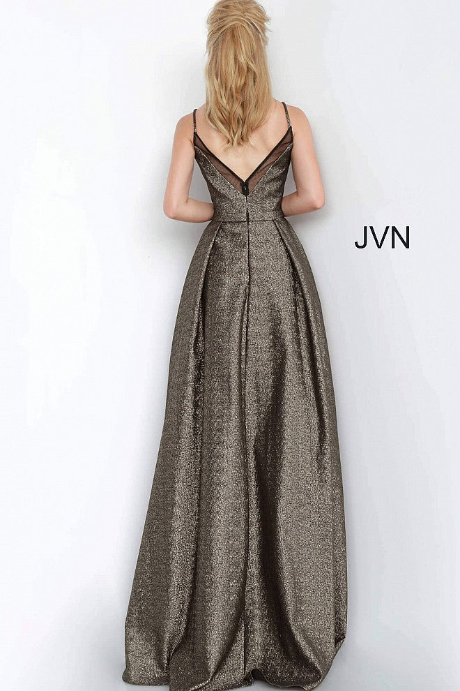 JVN by Jovani 2549 is a Metallic Shimmer Gold Pleated Ball Gown Prom Dress with a deep plunging neckline with mesh!