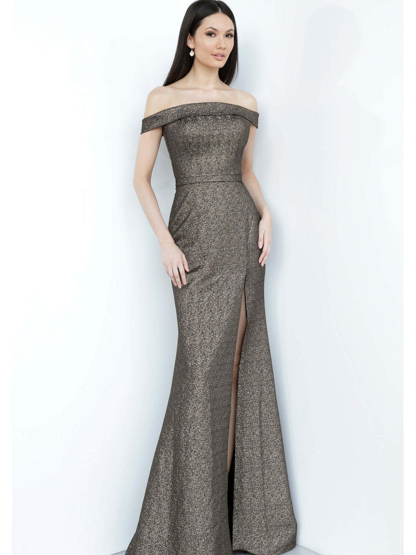 Jovani JVN2557 Size 6 Black/Gold Metallic Fitted Dress Slit Off the Shoulder Evening Gown
