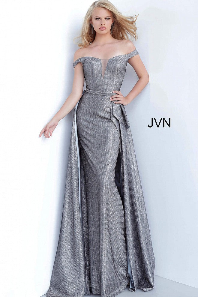 JVN by Jovani 2560 Metallic Long Fitted Prom Dress with Overskirt Train & a deep V Neckline evening gown mother of the bride dress. 