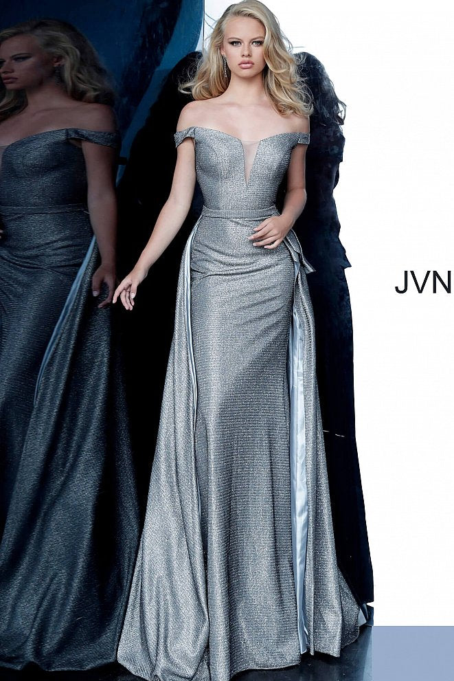 JVN by Jovani 2560 Metallic Long Fitted Prom Dress with Overskirt Train & a deep V Neckline evening gown mother of the bride dress. 