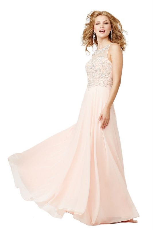 Jovani JVN27809 Peach size 10 A Line Sheer Embellished Formal Dress Backless