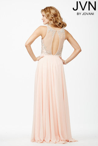JVN27809 Sheer Neckline Evening Gown with illusion Keyhole Back and long flowy chiffon skirt pageant gown prom dress   size 10 Peach 