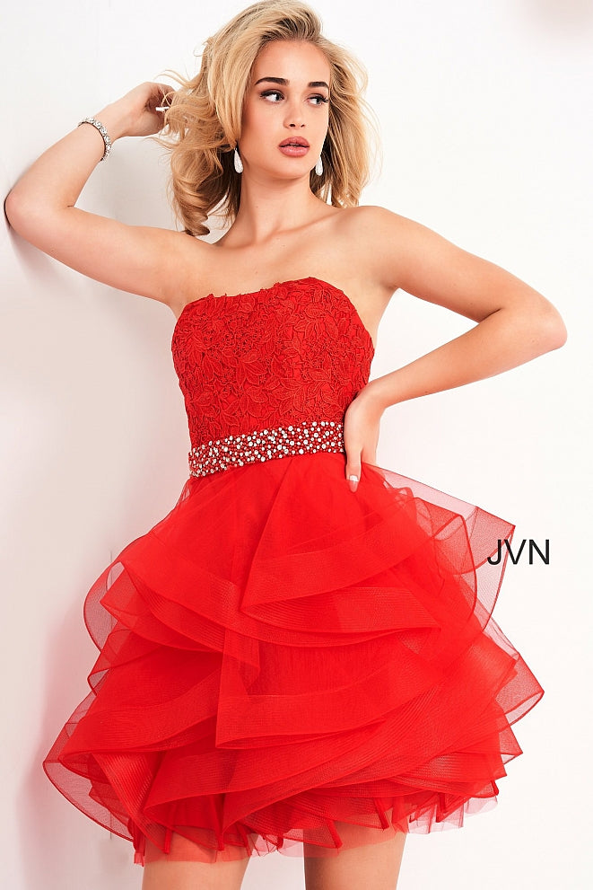 Jovani JVN3099 Short strapless straight neckline lace bodice with scallop lace edges. short tulle fit and flare cocktail dress with crystal embellished waist belt short homecoming dress reception dress. Ruffle skirt with horse hair trim. Formal Gown for any event! JVN 3099  Available Colors: Black, Light Blue, Off white, Red  Available Sizes:  00,0,2,4,6,8,10,12,14,16,18,20,22,24