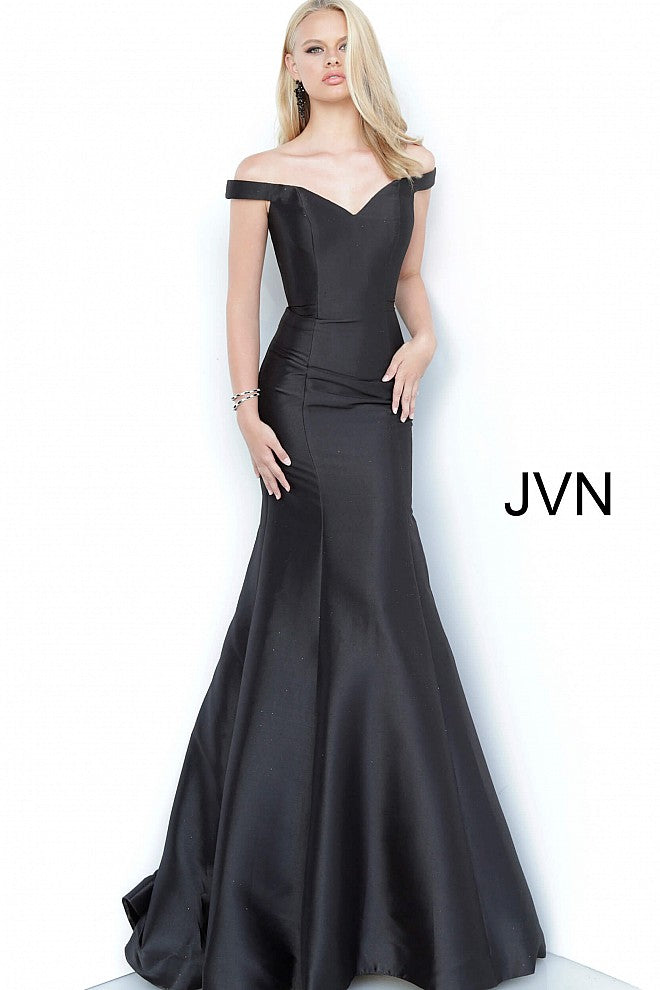 Jovani JVN 3245 is a Long floor length fitted formal Prom Dress. Featuring a full mermaid silhouette with a slight train and lush bottom. Off the shoulder straps with a subtle v neckline. Beautiful Evening or Pageant Gown!  