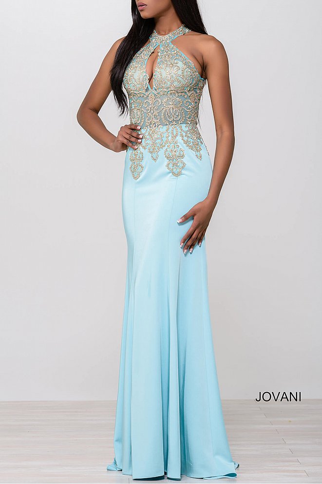 Jovani JVN33691 size 12 Aqua High Neck Embellished Prom Dress Keyhole fitted