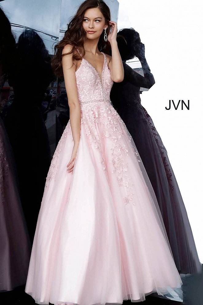JVN by Jovani 3388 is a Prom, Pageant & Formal evening dress light pink dress with plunging deep V Neckline with a mesh insert Embroidered lace appliques with crystal embellishments along the neckline, waist & straps sheer cutout in the back tulle skirt 