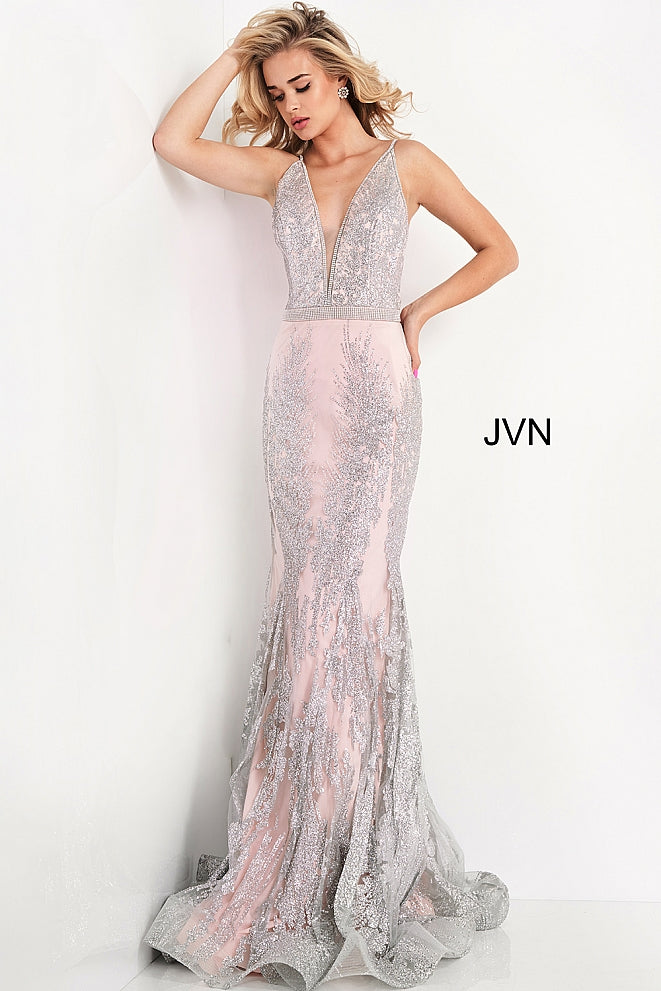 Jovani JVN 3663 is a long Form Fitting Mermaid silhouette prom dress, Pageant gown & evening formal wear. Featuring a plunging neckline with crystal embellishments along the straps, edges of bodice & waist belt. Open back with crystal embellished straps. Full mermaid flare skirt. JVN3663