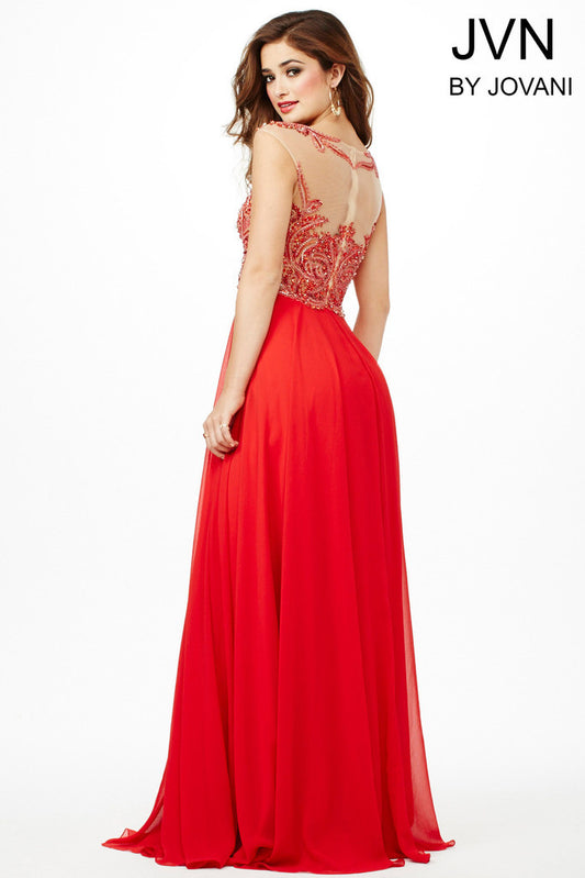 ﻿JVN by Jovani JVN36770  Be the lady in red in this stunning JVN by Jovani slim fit a-line prom gown. This sleeveless full length dress features a sheer jewel neckline and nude fitted bodice adorned with hand stitched rectangular and round beading and flat back red crystals. The natural waistline is met with a flowing fully lined chiffon skirt with a satin blend lining and is fastened with a concealed back zipper  Available Size: 14  Available Color: Red