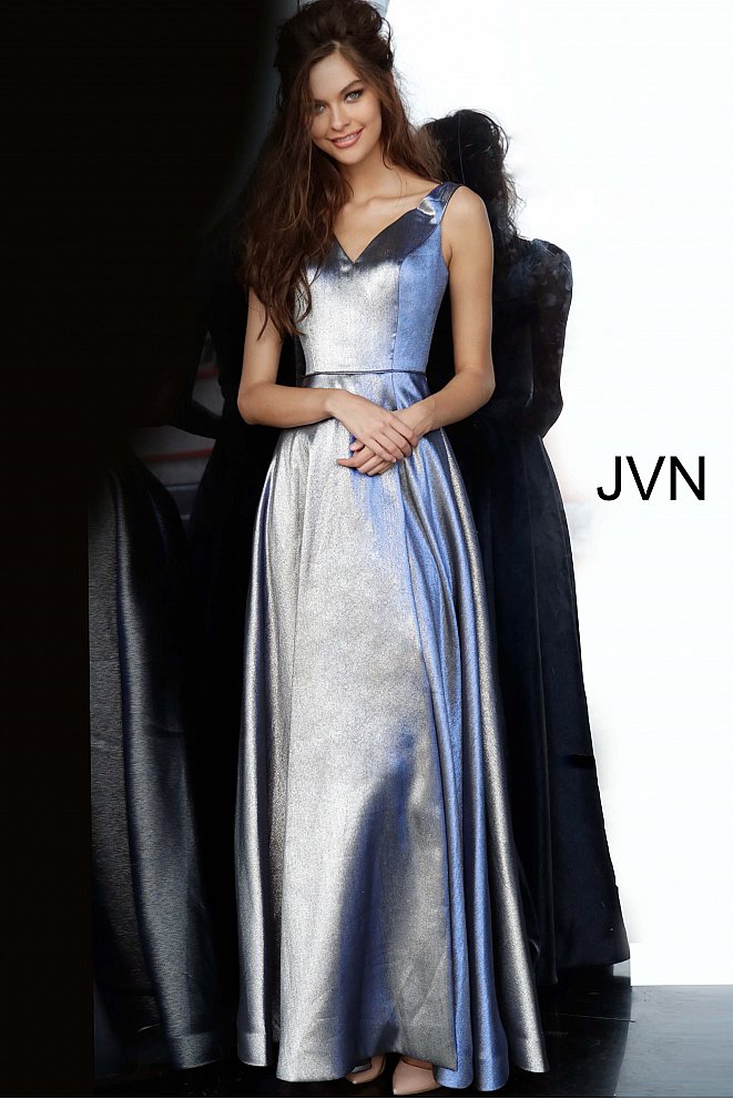 Jovani JVN 3777 is a 2020 Prom Dress, Pageant Gown & Formal Evening Wear. Metallic Shimmer Long Maxi Prom Dress. Off the Shoulder Straps with a V Neckline. High crossover slit all the way to the waist line. 