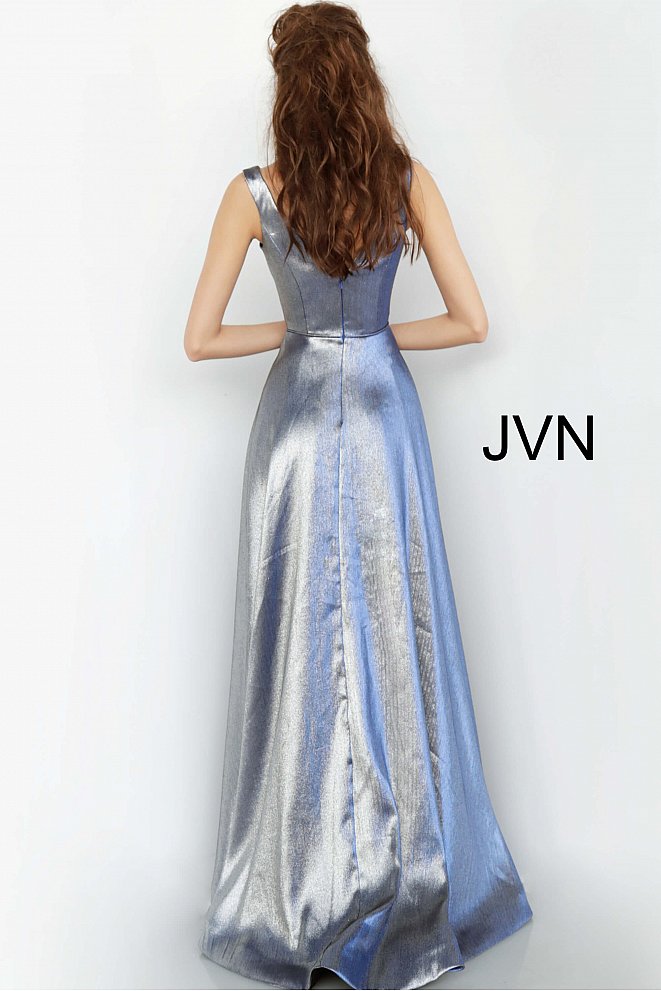 Jovani JVN 3777 is a 2020 Prom Dress, Pageant Gown & Formal Evening Wear. Metallic Shimmer Long Maxi Prom Dress. Off the Shoulder Straps with a V Neckline. High crossover slit all the way to the waist line. 