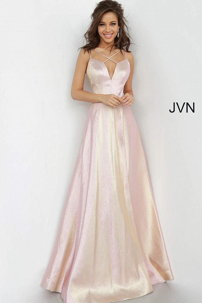 JVN by Jovani Style 3779 is a stunning shimmer A line Prom Dress. Featuring a Metallic Iridescent Shimmer Fabric. Deep V Neck with Criss Cross strap pattern. High Front slit goes all the way up to the waistline. Open Back Formal Dress. Color Changing material with light variations.