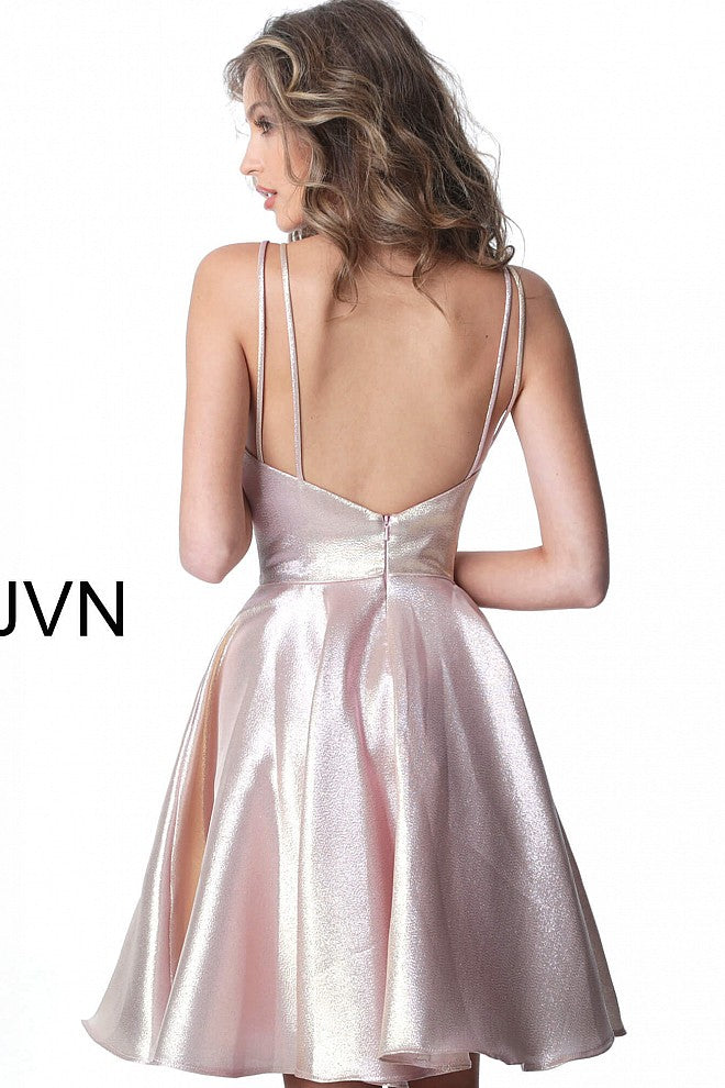 JVN3780 JVN by Jovani 3780 is a metallic shimmer Fit and Flare Short Prom Dress and  Homecoming Dress. criss cross strap neckline fit and flare cocktail dress