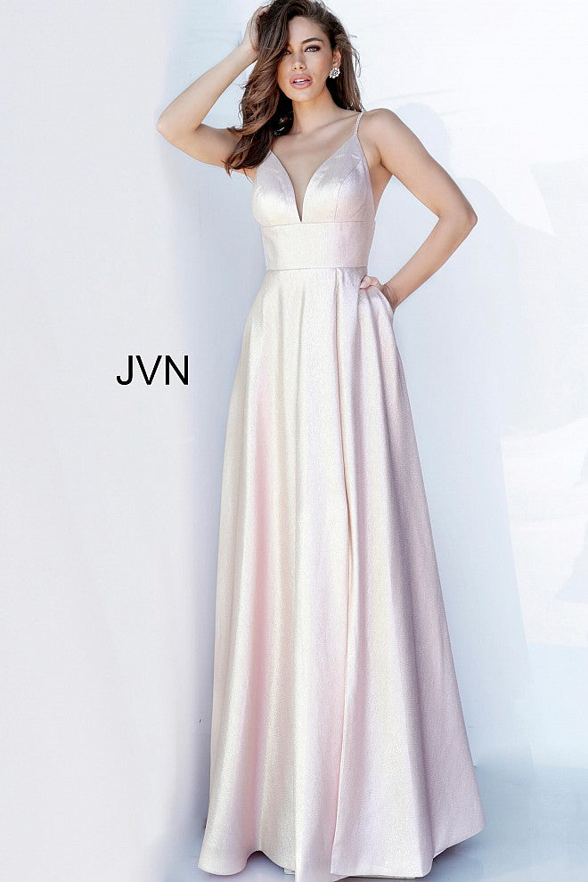JVN3781 Blush Metallic prom dress, floor length A line skirt, empire waist sleeveless bodice, plunging neckline, embellished straps over shoulders, half back.