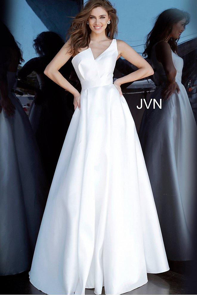 JVN3930 White Mikado prom ballgown, floor length A line skirt, sleeveless one shoulder bodice, asymmetric neckline. prom dress evening gown ball gown pageant dress 