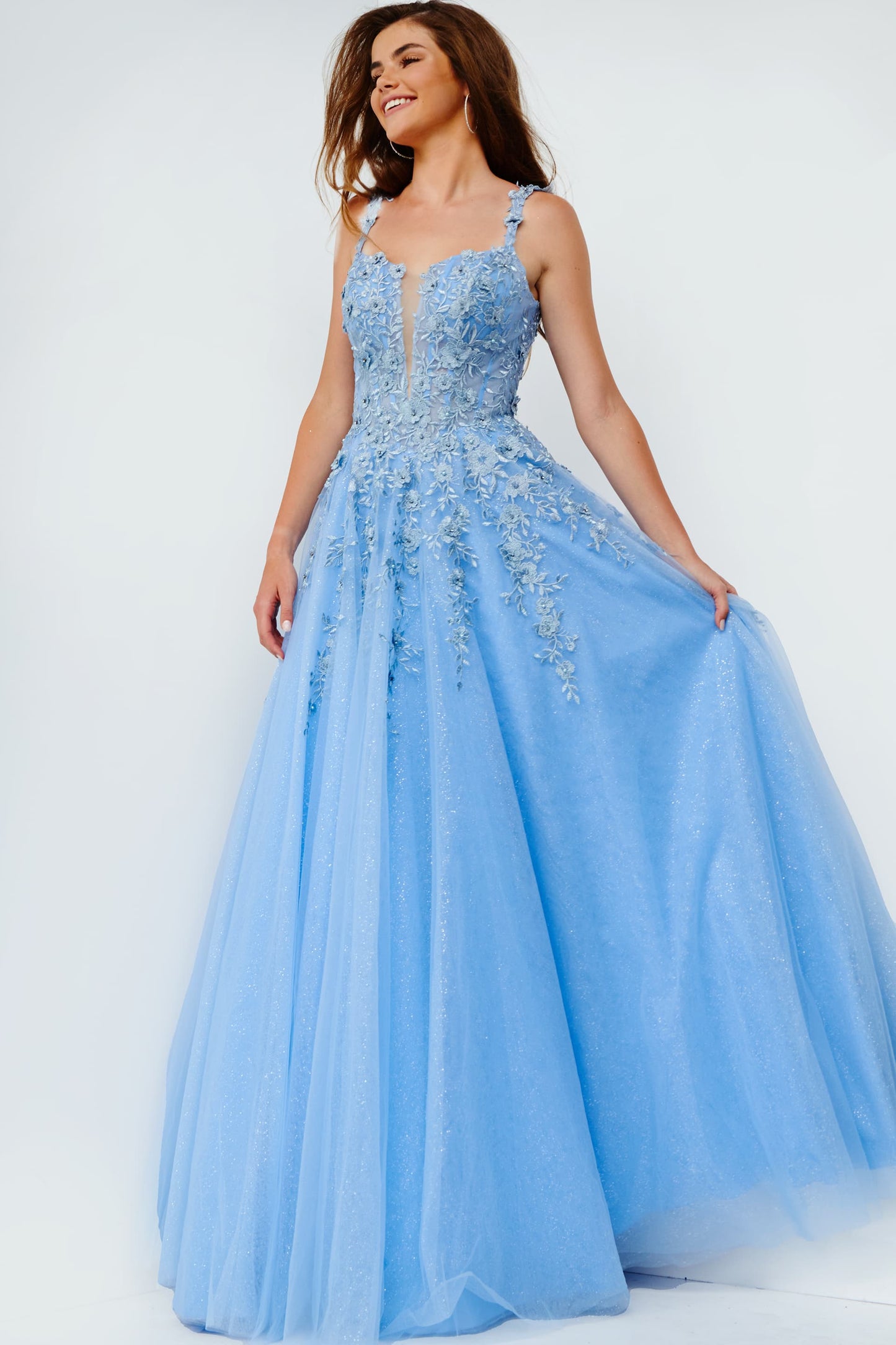 Lace Applique Prom Dresses with Slit Removable Long Sleeve Formal Gown  21963 - Light Blue / US2
