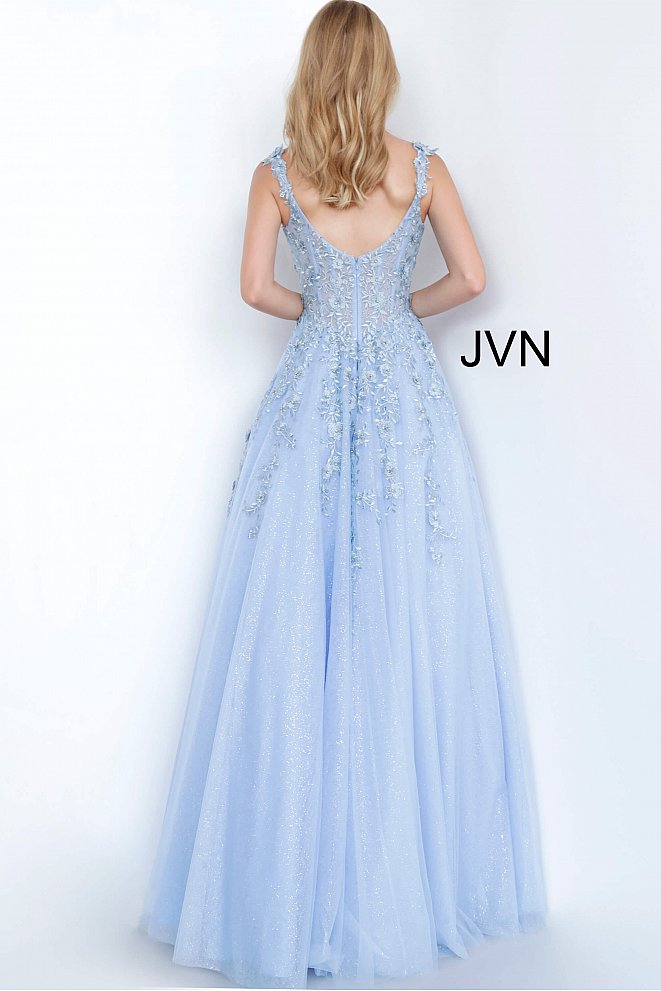 JVN4271 Sky Blue glitter tulle ball gown with embroidered lace plunging neckline high sheer lace scoop back with zipper prom dress evening gown 