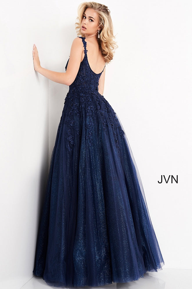 Jovani JVN4271 Long Floral Lace Embroidered Prom Dress Ball Gown Plunging Neckline