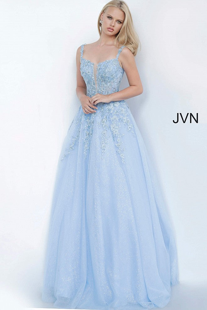 JVN4271 Sky Blue glitter tulle ball gown with embroidered lace plunging neckline high sheer lace scoop back with zipper prom dress evening gown 