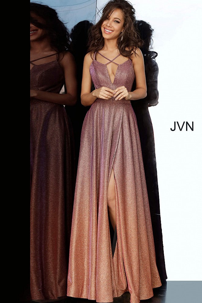 JVN4327 Purple Gold Glitter prom dress, floor length maxi wrap skirt, sleeveless bodice, plunging neckline with spaghetti straps criss cross, spaghetti straps over shoulders, open back.