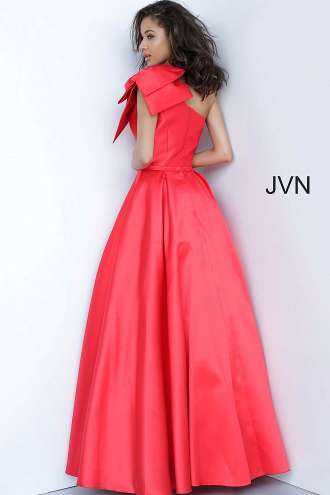 JVN4355 Red Mikado prom gown, floor length pleated A line skirt with pockets, fitted sleeveless bodice, one shoulder bodice with asymmetric neckline and bow detail on the shoulder.
