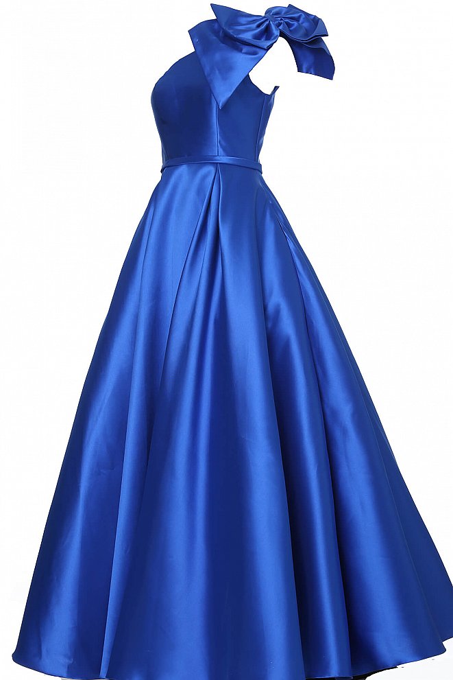 JVN4355 Royal blue Mikado prom gown, floor length pleated A line skirt with pockets, fitted sleeveless bodice, one shoulder bodice with asymmetric neckline and bow detail on the shoulder. Pageant dress