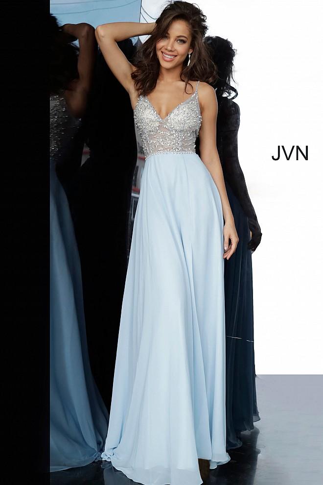 JVN4410 JVN 4410 is a long flowy pageant gown prom dress. Featuring a sheer embellished bodice and open back with with a V neckline and spaghetti straps. Flowing chiffon skirt with slit evening gown. 