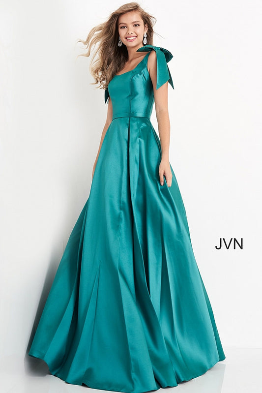 JVN4449 Scoop neckline with wide straps and bows on the shoulders A line long prom dress pageant gown with pockets evening gown  Colors  Fuchsia, Green, Light Blue, Red, Yellow  Sizes  00, 0, 2, 4, 6, 8, 10, 12, 14, 16, 18, 20, 22, 24  JVN by Jovani 4449