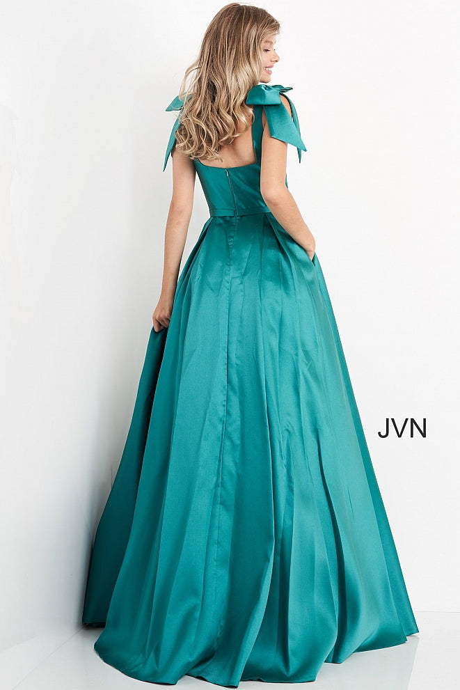 JVN4449 Scoop neckline with wide straps and bows on the shoulders A line long prom dress pageant gown with pockets evening gown  Colors  Fuchsia, Green, Light Blue, Red, Yellow  Sizes  00, 0, 2, 4, 6, 8, 10, 12, 14, 16, 18, 20, 22, 24  JVN by Jovani 4449