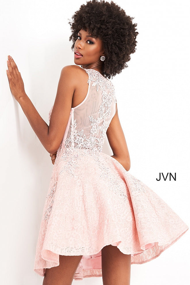 Jovani JVN45264 sheer embroidered lace fit and flare short homecoming cocktail dress short prom dress reception dress sheer lace back JVN 45264 Plunging V Neckline with a sheer lace embellished bodice open back. Flared short cocktail skirt with floral embellished lace cascading down.  Available colors:  Black, Hunter, Light Lavender, Navy, Pink, Red, White  Available sizes:  00, 0, 2, 4, 6, 8, 10, 12, 14, 16, 18, 20, 22, 24 