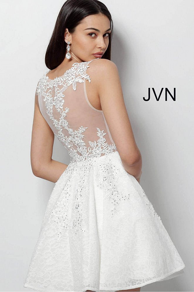 JVN45264 sheer embroidered lace fit and flare short homecoming cocktail dress short prom dress reception dress sheer lace back 