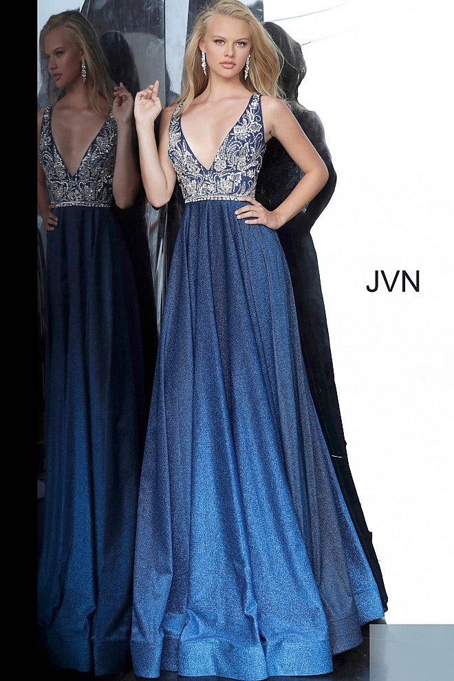 JVN by Jovani 4608 This gown is a show stopper! Iridescent Shimmer Blue Ombre Skirt with an Embellished Bodice & Waistband. Plunging Deep V Neckline. Open V Back.