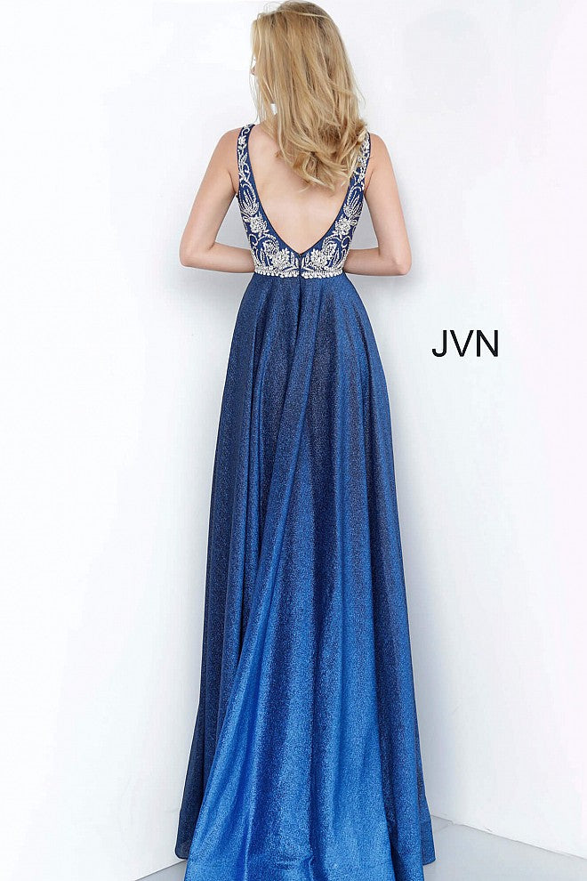 JVN by Jovani 4608 This gown is a show stopper! Iridescent Shimmer Blue Ombre Skirt with an Embellished Bodice & Waistband. Plunging Deep V Neckline. Open V Back.