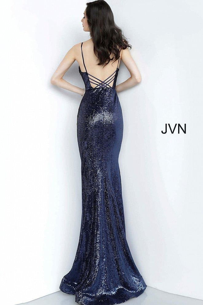 JVN 4696 is a Prom Dress, Pageant gown & Formal Evening wear. This long fitted sequin gown features a plunging neckline with a mesh insert. an open back with crossing spaghetti straps.  Mermaid Silhouette JVN4696